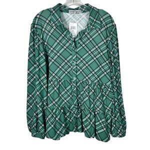 Absolutely Famous Green Plaid Tiered Fit & Flare Button Down Blouse NWT Preppy